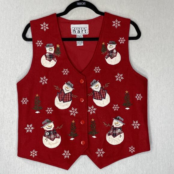 Vintage Christmas Sweater Vest Small Red Snowman Tree Button Up Novelty Holidays - Picture 1 of 14